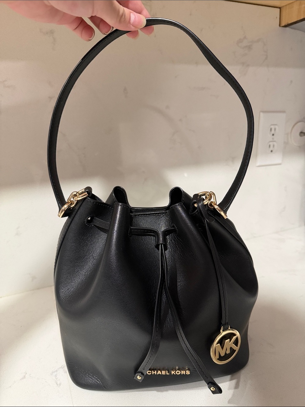 Michael Kors Black Leather Mini Drawstring Bucket Bag with Gold Hardware - Picture 4 of 7